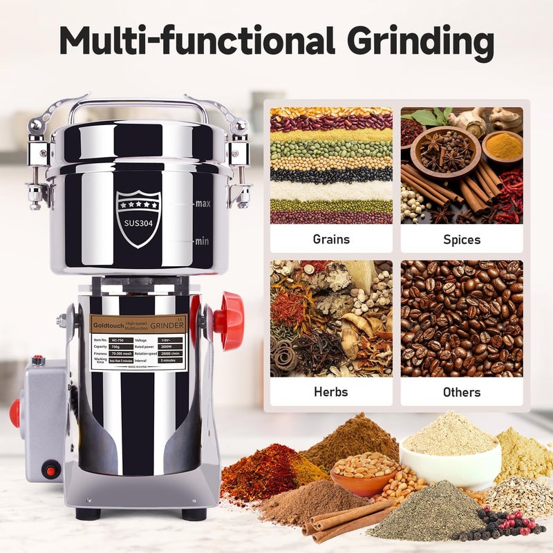 GOLDTOUCH 750g Grain Mill Grinder 2800W Electric Stainless Steel Grain Grinder High-Speed Pulverizer Powder Machine for Dry Wheat, Oats, Corn, Pepper and Coffee Beans (750g Swing Type) - Image 2